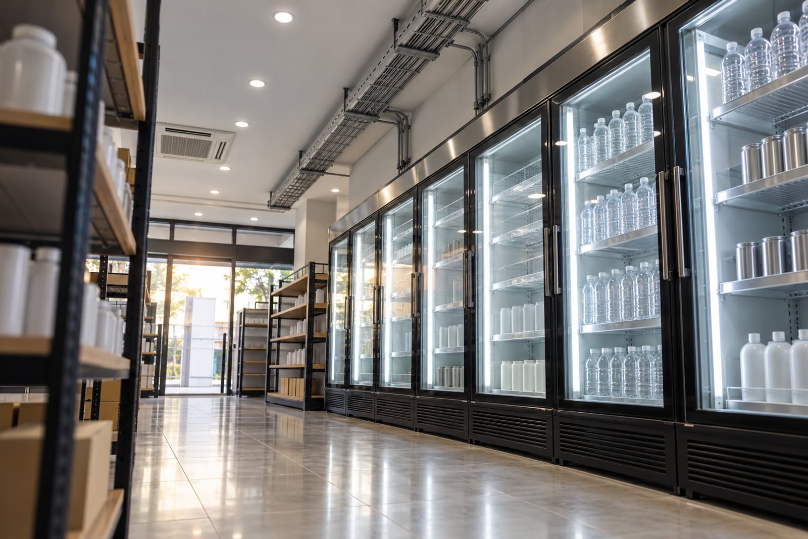 AI-generated concept of a convenience store chiller aisle with ceiling-mounted electrical services.