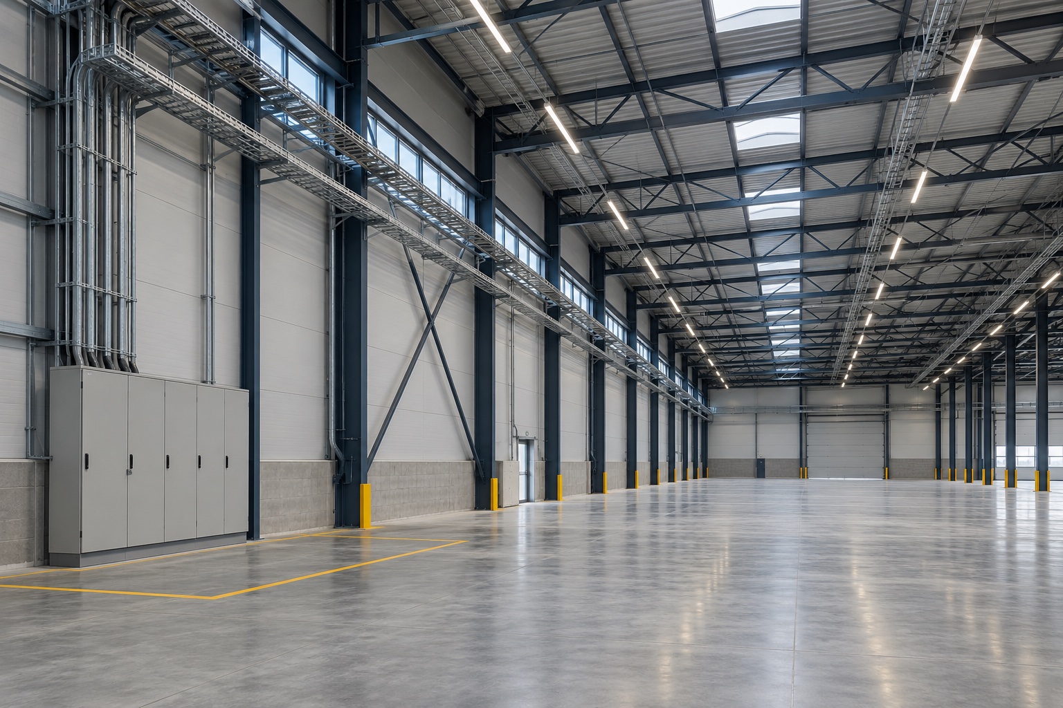 AI-generated concept of a warehouse with overhead cable trays, lighting and electrical cabinets.